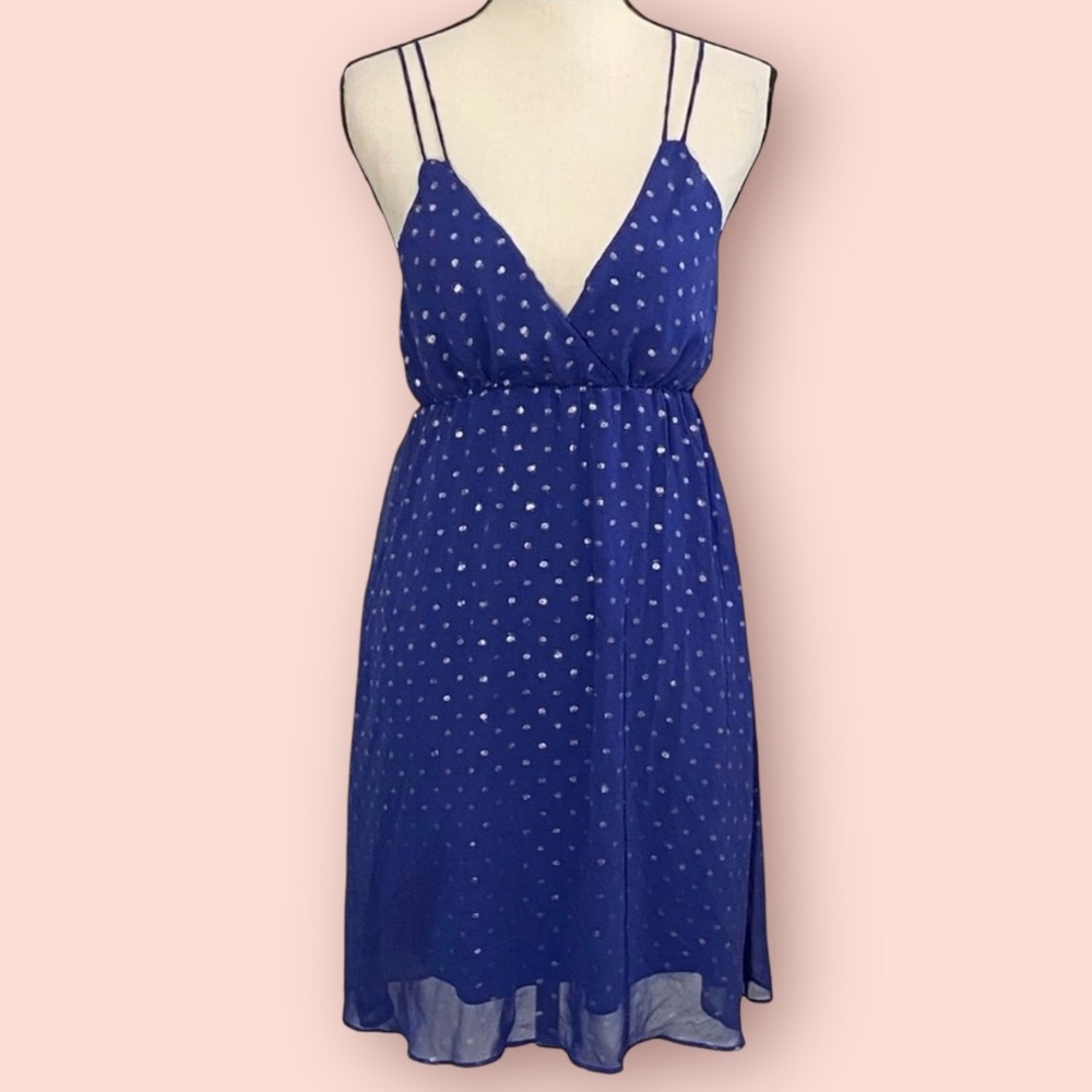 3/$10 Alya Dress L Blue Polka Dot Chiffon